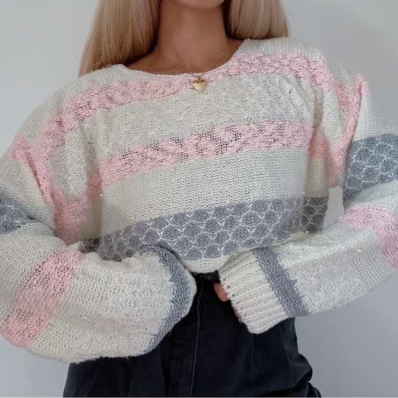 Vintage 80s granny patel colours pearl decorated sweater - Picture 3 of 7